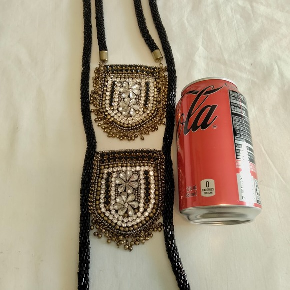 Iris Apfel & Bajalia Black-Clear Rhinestone Feathered Beaded 2 Layer Necklace - Picture 6 of 16